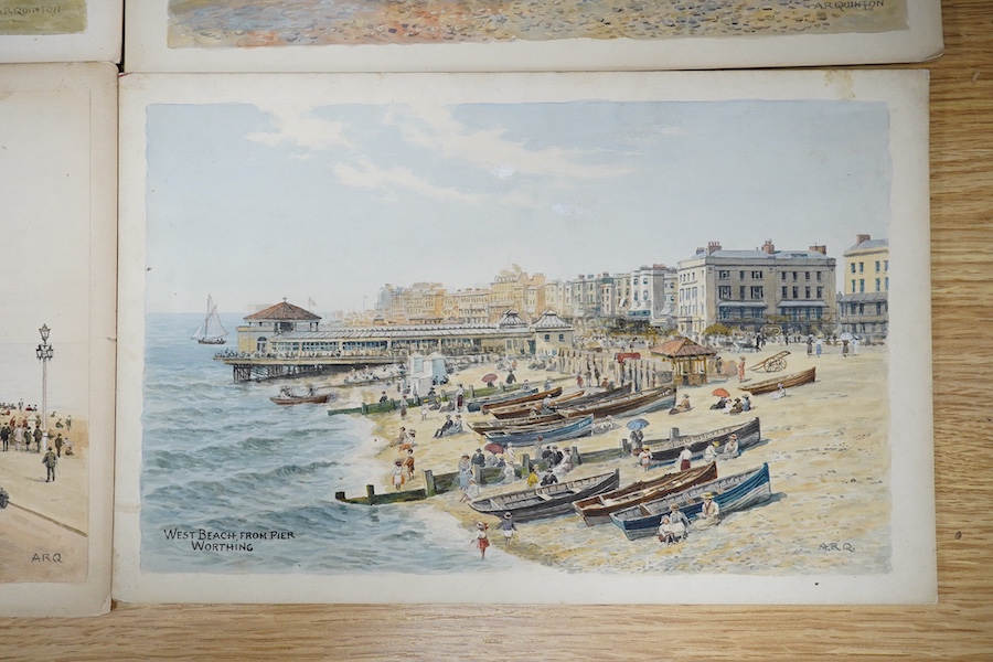 Alfred Robert Quinton (1853-1934), four original watercolours for postcards, Sussex views comprising The Pier, Bognor Regis, East Beach, Eastbourne, West Beach from the Pier and The New Aquarium Brighton, each signed, 20